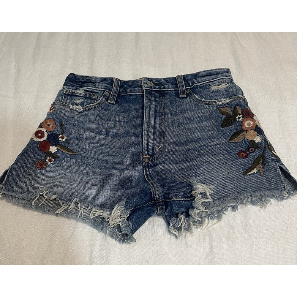 Abercrombie Jean Shorts Womens 2 Embroidered Floral Denim W 26 Festival Boho